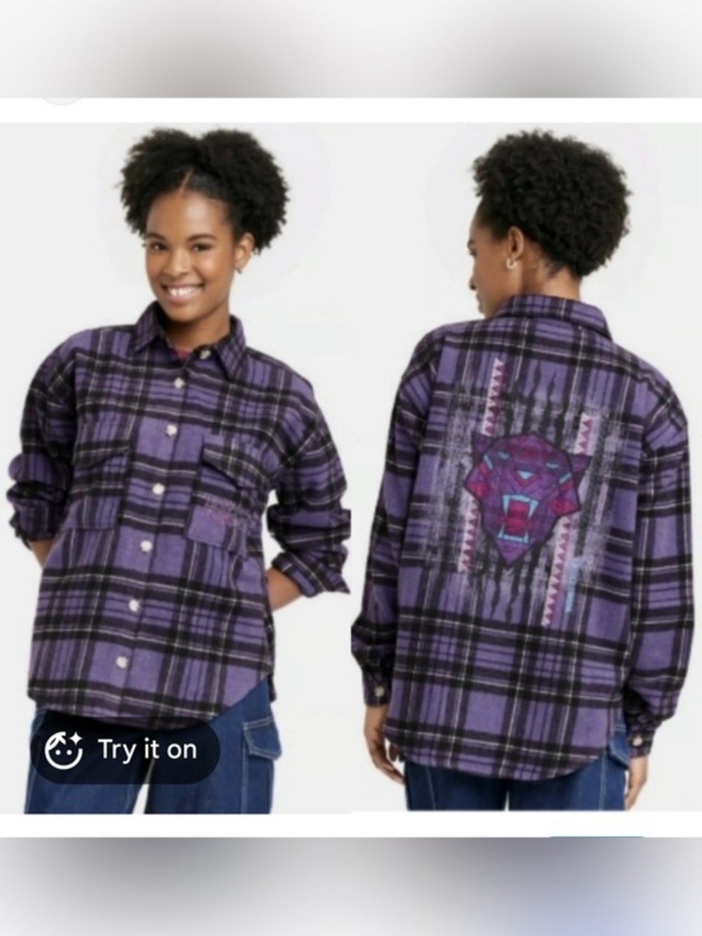 Marvel Wakanda Forever Black Panther Plaid Flannel Shirt Purple & Black Large